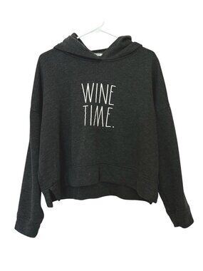 Rae Dunn "Wine Time" Womens XL Charcoal Gray Hooded Sweatshirt Cropped Relaxed